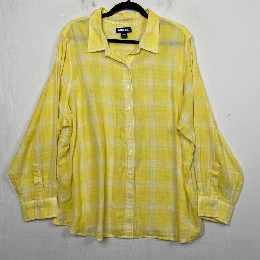 Lands' End Women's Yellow 100% Cotton Plaid Button Up Long Sleeve Shirt Size 24W